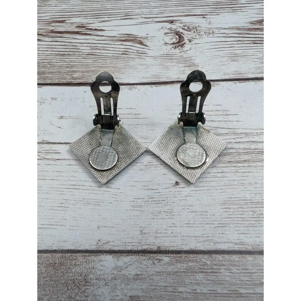Vintage Clip On Earrings Statement Diamond Shape with Design